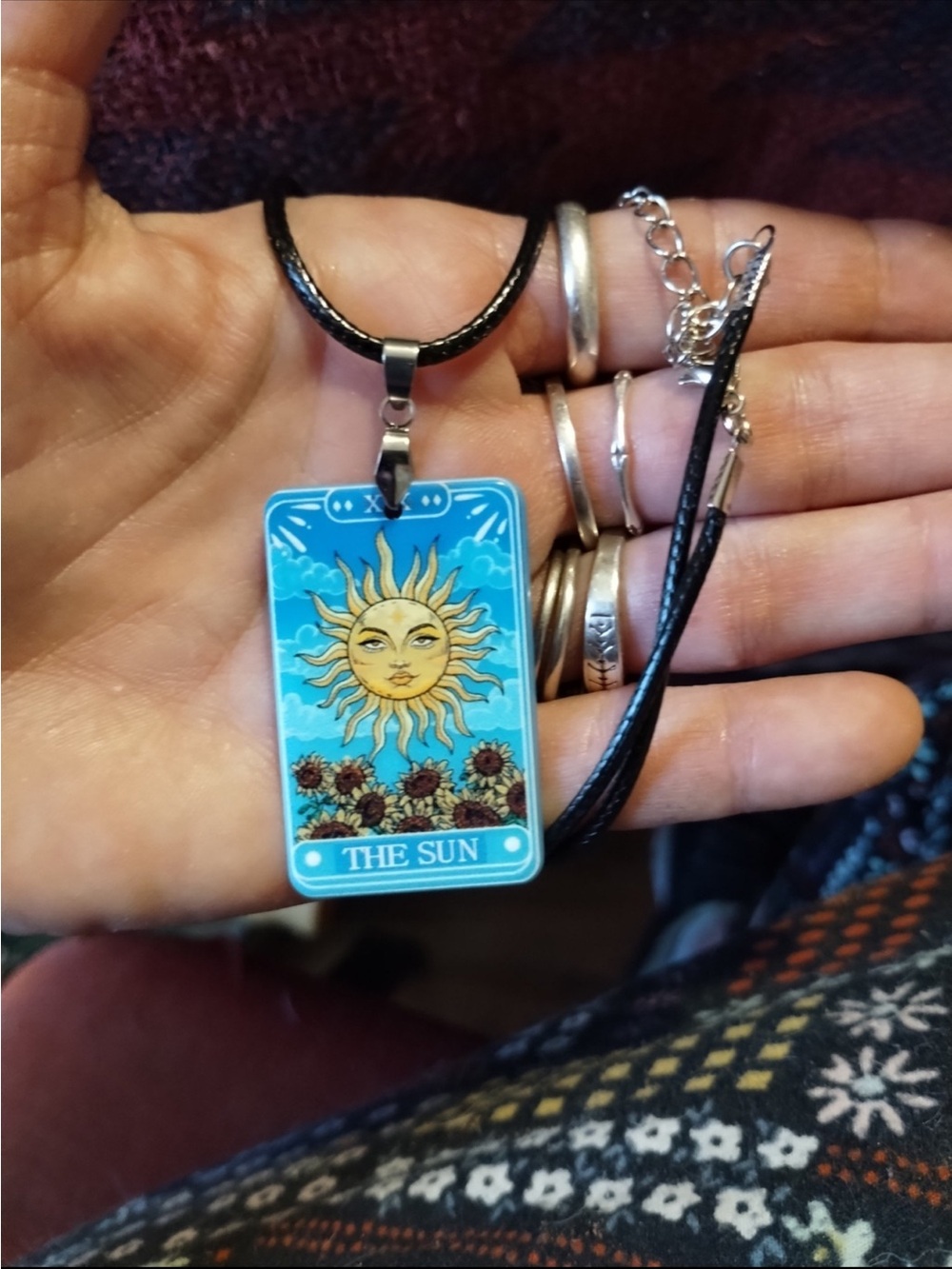 Blue 'The Sun' Tarot Card Necklace Pendant with Black Cord